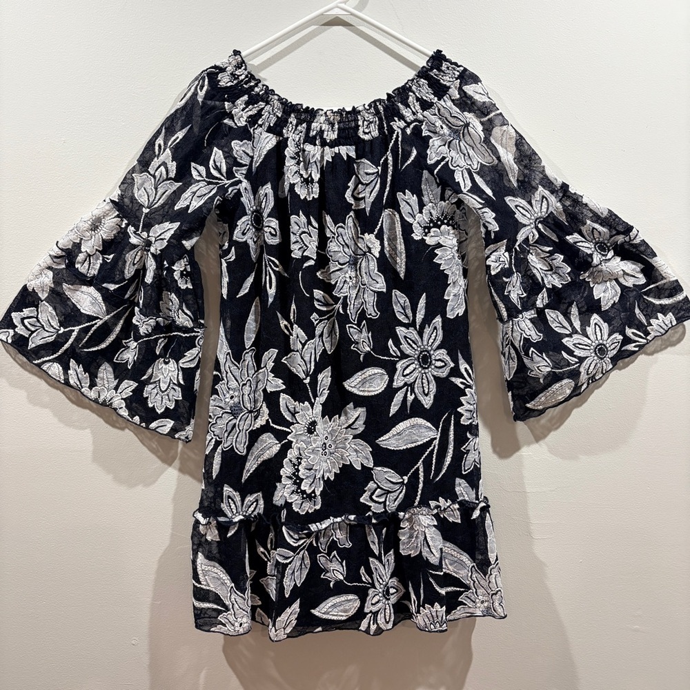 Boho Off Shoulder Bell Sleeve Mini Dress Black White Floral Westport Size M
